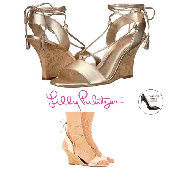 Lilly Pulitzer Aria Cork Wedge Heel Gold Leather Pump Sandal Lace Up Dress Shoes - Picture 2 of 12